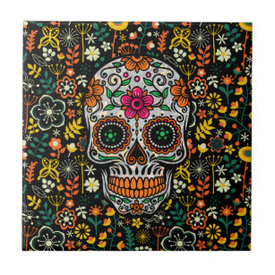 Carreau Sucre coloré Crâne avec fleurs rétro Arrière - pla