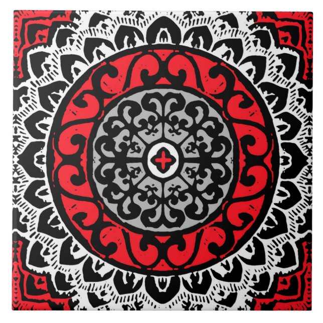 Carreau Sud-Ouest Sun Mandala Batik, Rouge, Noir et Blanc (Devant)