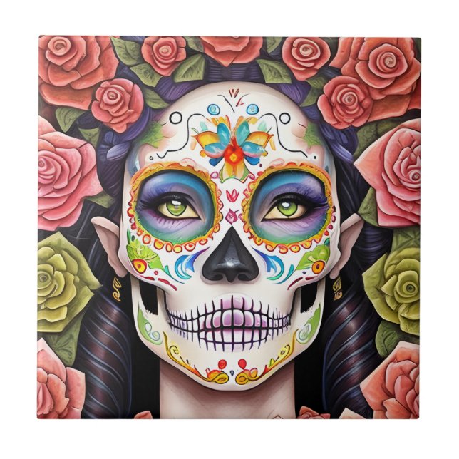 Carreau Sugar Skull Art - Femme dans le maquillage éblouis (Devant)