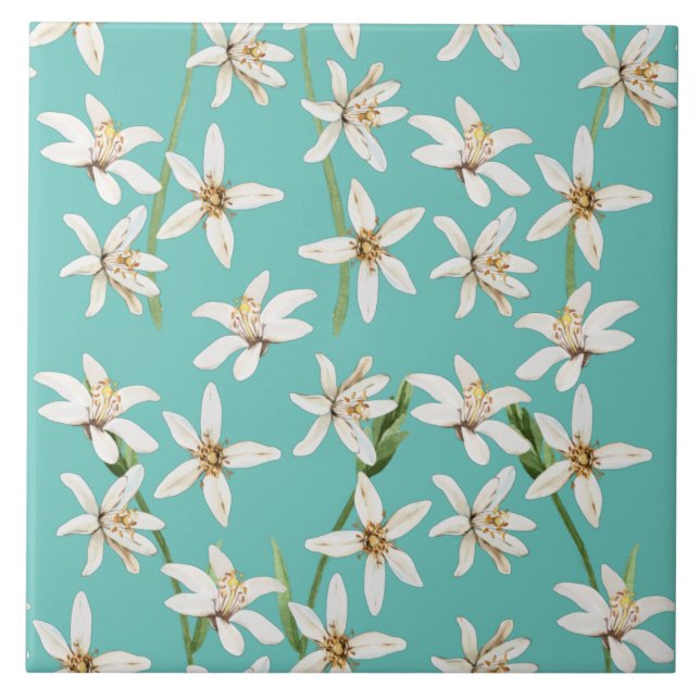Carreau Summer Lemon blossom seamless pattern on teal  (Devant)