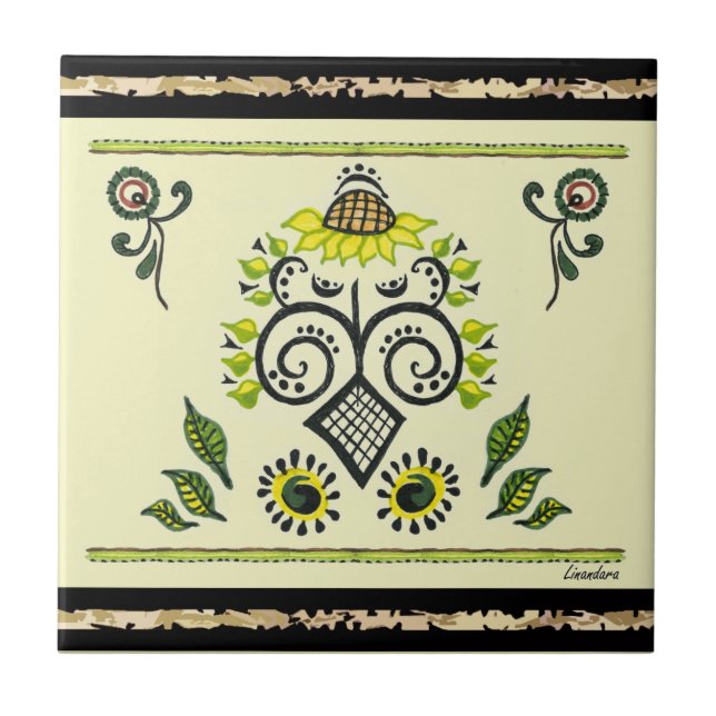 Carreau Sunflower Folk Motif par Alexandra Cook (Devant)