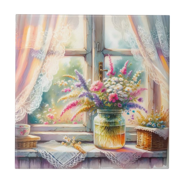 Carreau Sunlit Cottage Window Wildflowers (Devant)
