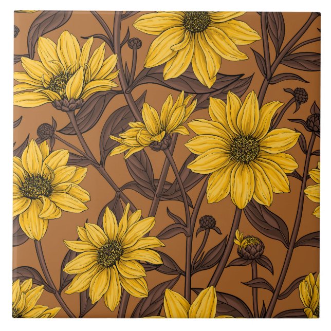 Carreau Sunroot, tournesol sauvage en jaune et marron (Devant)