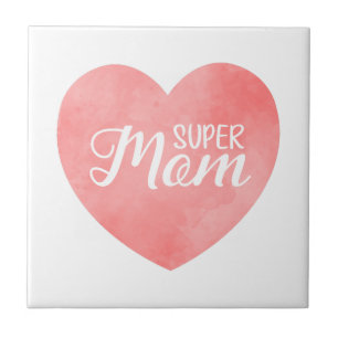 Carreau Super Maman texte dans le coeur rose peint