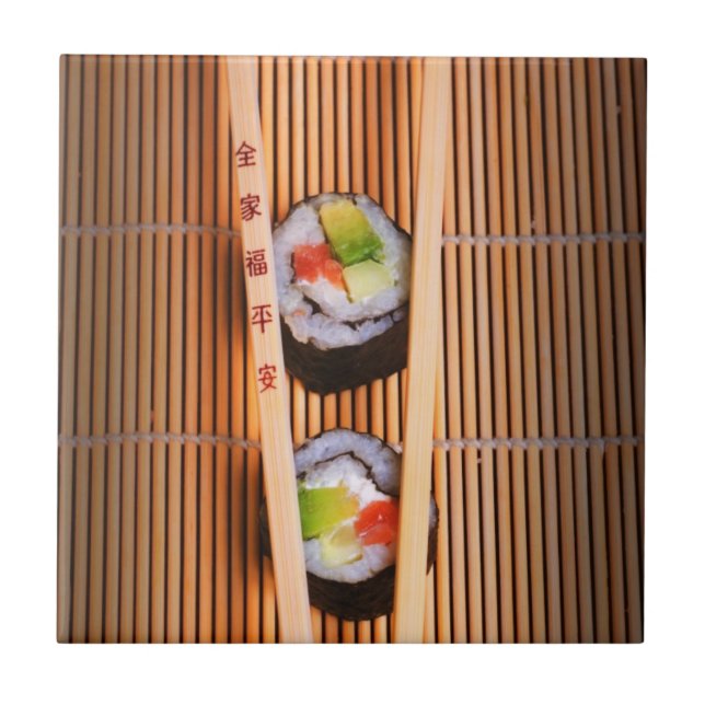 Carreau Sushi et baguettes en bois (Devant)