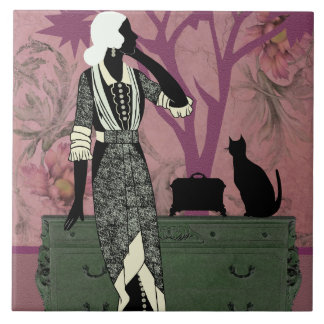 Carreau Suzanne et chat, mode vintage dans le lilas et