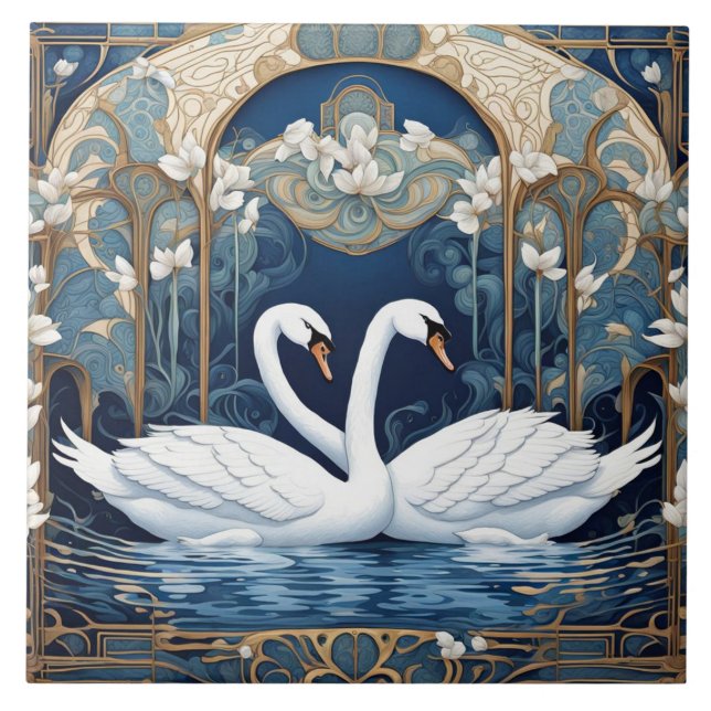 Carreau Swan Couple Art Nouveau Bird Art Déco Bleu (Devant)