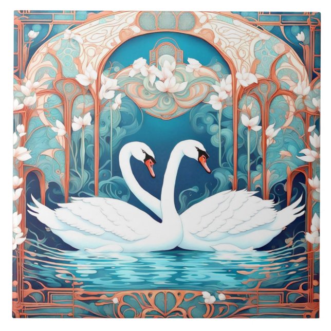 Carreau Swan Couple Art Nouveau Bird Turquoise Aqua Blue (Devant)