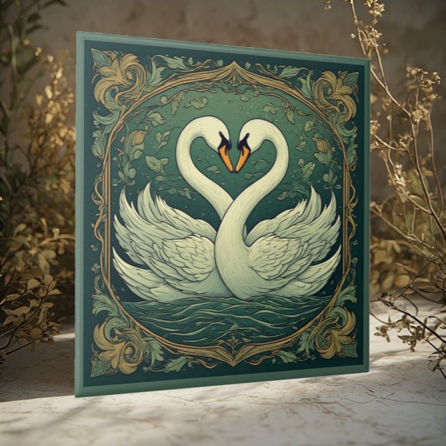 Carreau Swan Couple Art Nouveau Forest Green Wall Accent (Swan Couple Art Nouveau Forest Green Wall Accent Ceramic Tile)