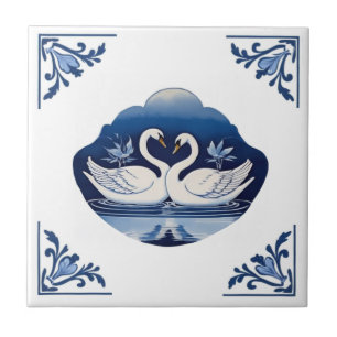 Carreau Swans Delft Blue and White Floral Corners Swan