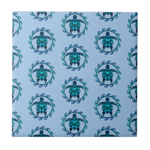 Carreau Symbole bleu noir maori soleil Tortues tribales
