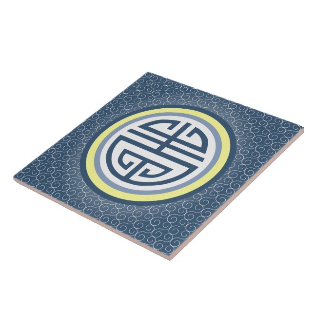 Carreau Symbole de longévité chinois Shou - bleu et jaune (Côté)