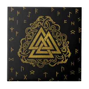 Carreau Symbole de Valknut d'or sur le motif de runes