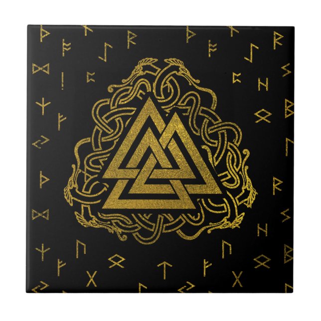 Carreau Symbole de Valknut d'or sur le motif de runes (Devant)