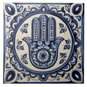 Carreau Symbole main de Hamsa - Main bleue et blanche de F