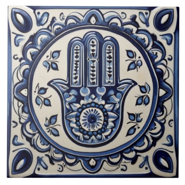 Carreau Symbole main de Hamsa - Main bleue et blanche de F (Devant)