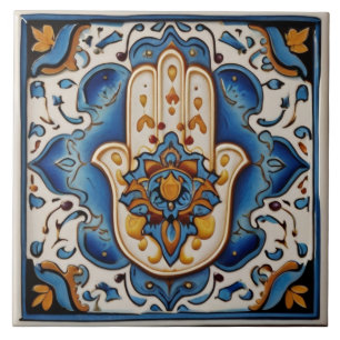 Carreau Symbole main de Hamsa - Main bleue et or de Fatima