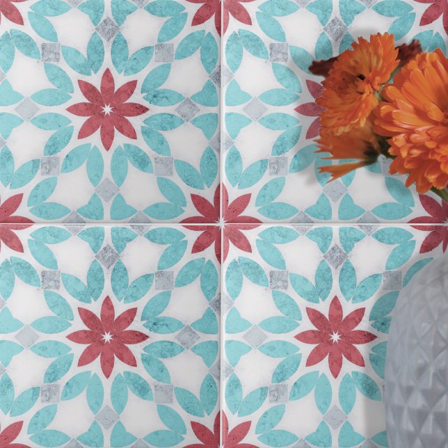 Carreau Symétrique Floral Rouge Gris Gris Pierre (Créateur téléchargé)