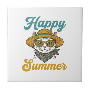 Carreau T-shirt à motif de chat d'été vintage Happy Summer