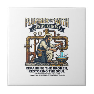 Carreau T-shirt graphique Jésus Plombier Art chrétien_1