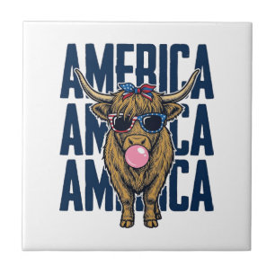 Carreau T-Shirt Vintage Amérique Vache Highland Patriotiqu