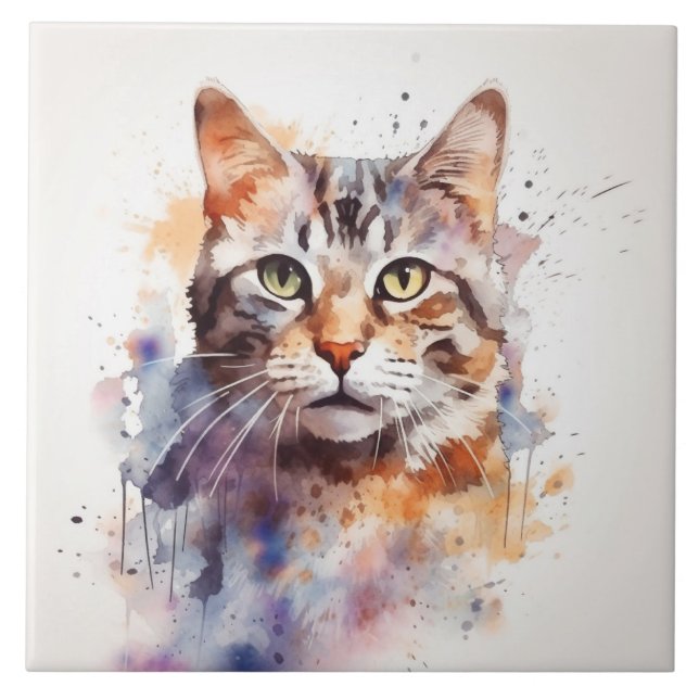 Carreau Tabby Chat aux yeux verts, Aquarelle pour animaux (Devant)