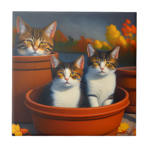 Carreau Tabby Chats Dans La Peinture À Huile De Pots,