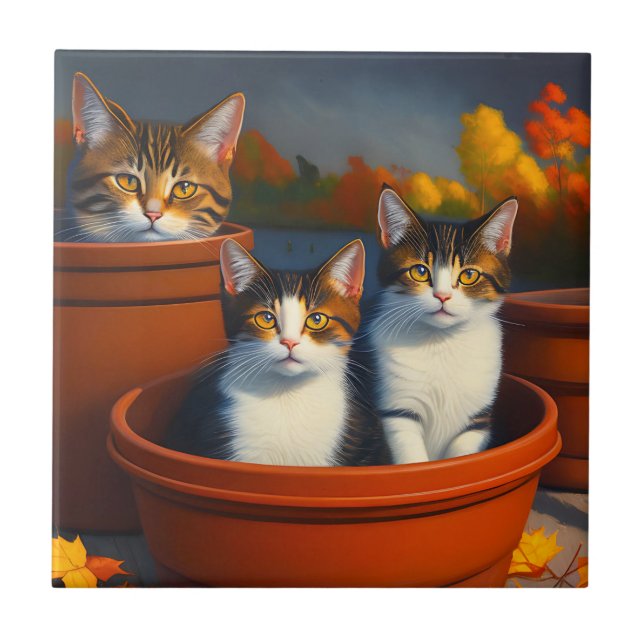 Carreau Tabby Chats Dans La Peinture À Huile De Pots, (Devant)