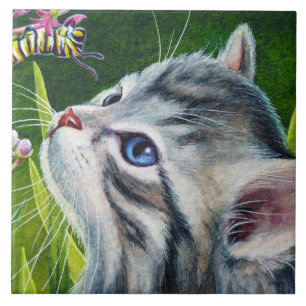 Carreau Tabby gris Kitten & Caterpillar Aquarelle Art