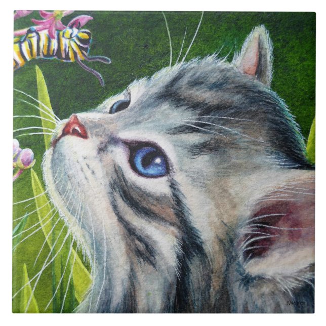 Carreau Tabby gris Kitten & Caterpillar Aquarelle Art (Devant)