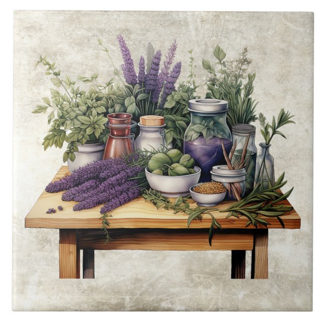 Carreau Table rustique avec aquarelles d'herbes (Devant)
