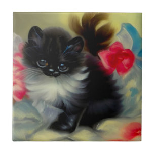 Carreau Tableau vintage de chaton noir et blanc