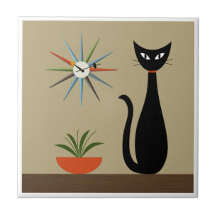 Carreau Tablette du milieu du siècle Chat avec horloge Sta