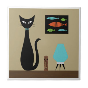 Carreau Tablette du milieu du siècle Chat avec poisson rét
