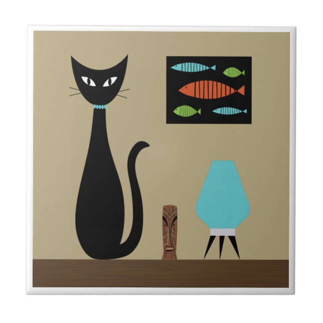 Carreau Tablette du milieu du siècle Chat avec poisson rét (Devant)