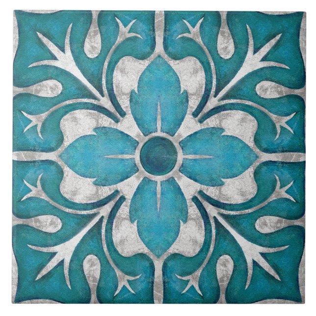 Carreau Talavera 01 Bleu sarcelle gris floral méditerranée (Devant)