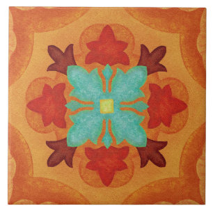 Carreau Talavera 02 Orange Rouge Bleu Méditerranéen Floral