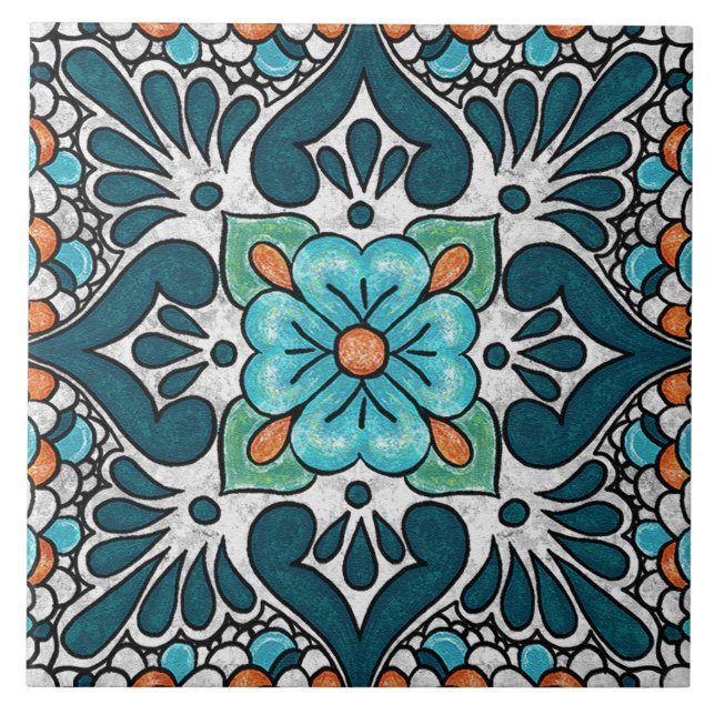 Carreau Talavera 06 Bleu sarcelle vert floral méditerranée (Devant)
