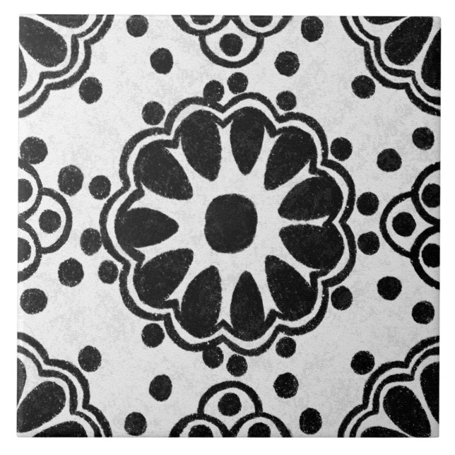 Carreau Talavera 12 Noir Blanc Gris Méditerranéen Floral (Devant)