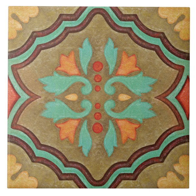 Carreau Talavera 13 Olive Green Aqua Mediterranean Floral (Devant)