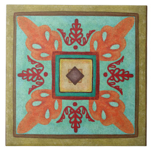 Carreau Talavera 15 Olive Aqua Orange Méditerranéen Floral