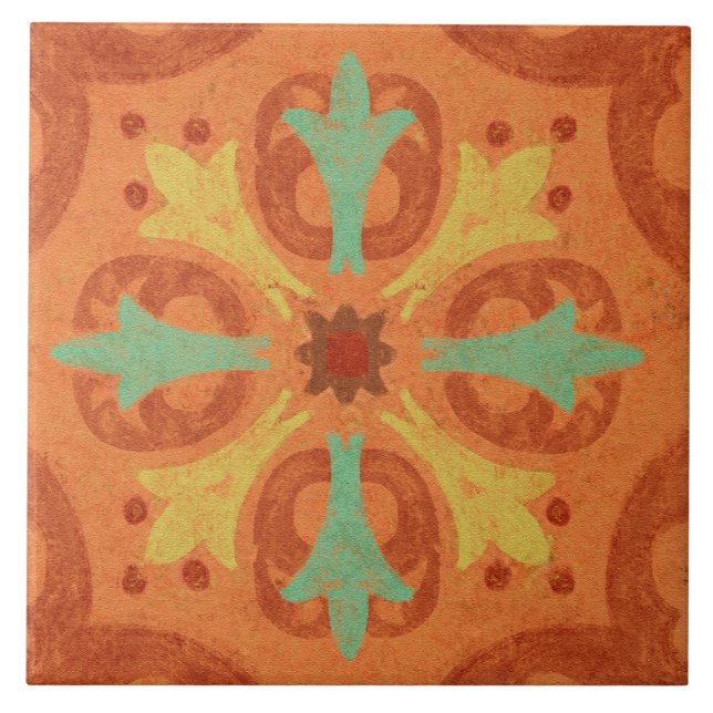 Carreau Talavera 16 Orange Rust Aqua Mediterranean Geo (Devant)
