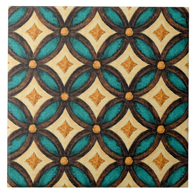 Carreau Talavera 18 Teal Brown Ivory Mediterranean Lattice (Devant)