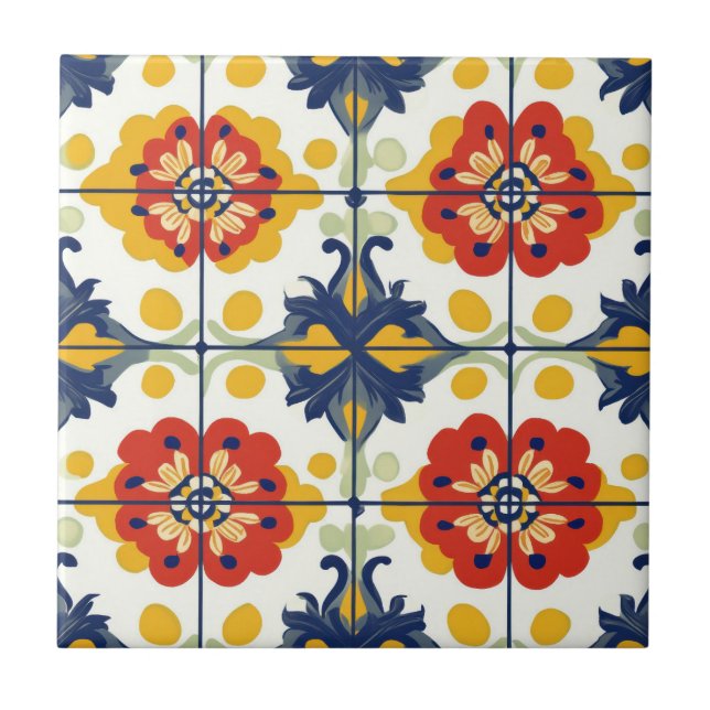 Carreau Talavera bleu rouge jaune mexicain espagnol sans c (Devant)