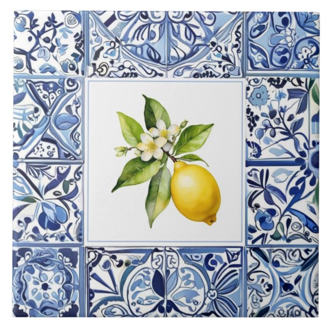 Carreau Talavera Citrons Bleu Clair et Blanc Méditerranéen (Devant)
