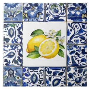 Carreau Talavera Citrons Bleu foncé et Blanc Méditerranéen