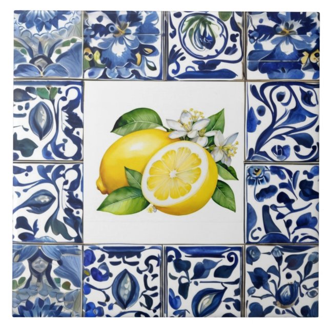 Carreau Talavera Lemons Dark Blue and White Mediterranean (Devant)