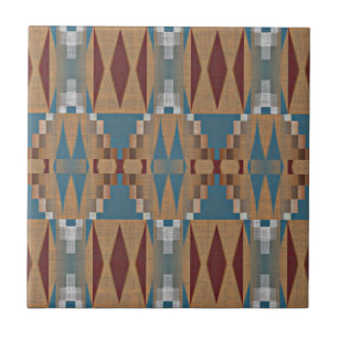 Carreau Tan Turquoise Bleu foncé Rouge Ethnic Tribe Art