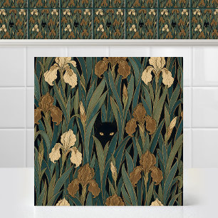 Carreau Tapisserie victorienne gothique chat noir iris feu