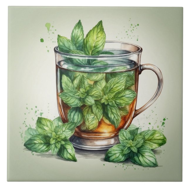 Carreau Tasse de thé à la menthe avec des feuilles de ment (Devant)